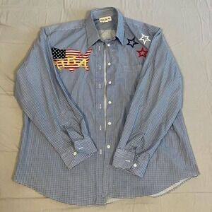 Vintage Shane Lee Inc USA Map Flag Stars Shirt Womens XL Blue Gingham Button EUC